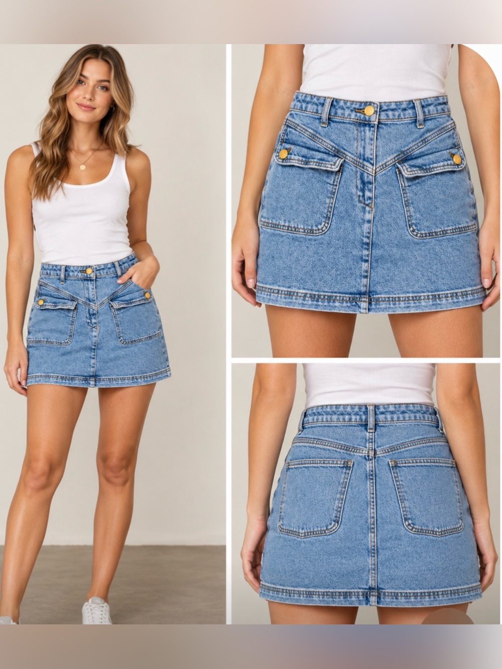 Avec Les Filles Light Blue Denim Mini Skirt with Gold Buttons